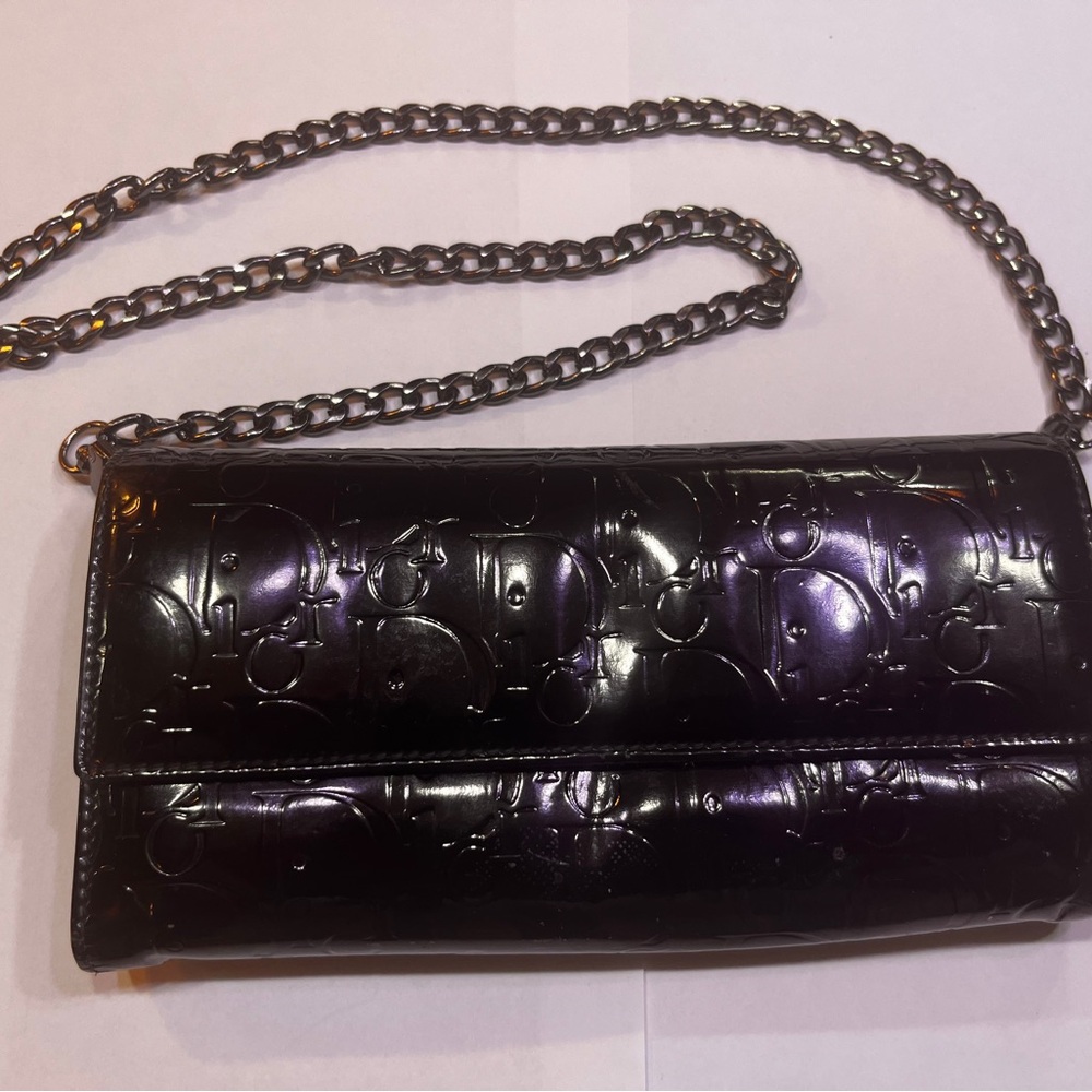 Christian Dior Black Leather Wallet Dior Black Patent Leather wallet with chain